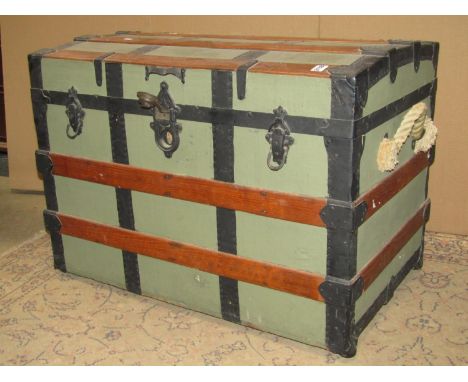 A vintage timber lathe and steel banded dome top cabin trunk 82 cm long x 52 cm wide x 59 cm high together with one other (2)