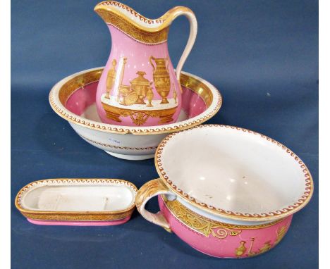 A four piece Victorian jug and basin set with classical detail in a pink and brown colourway entitled Antique 