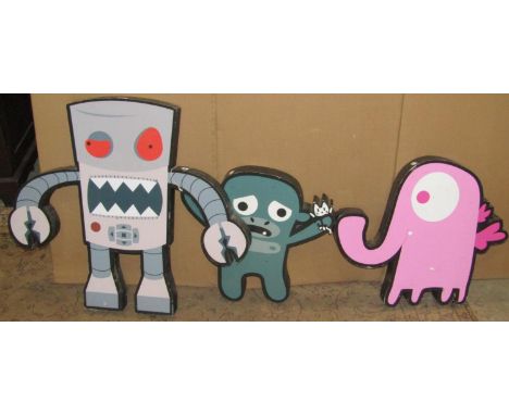 Three colourful composite signs/plaques in the form of a robot, pink elephant and bear holding a kitten, the largest 68 cm hi