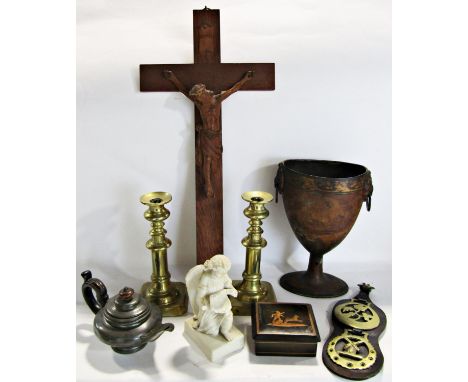 A miscellaneous collection of items including a pair of brass candlesticks, a Tole ware urn with cover, a copper bowl, teapot