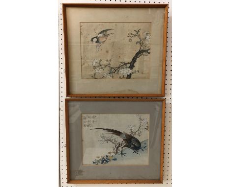 Two Japanese woodblock prints in colours of birds, both with writing in print top left, 21 x 27 cm, framed as a pair (2)