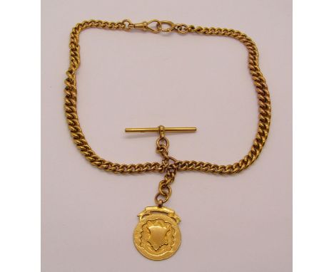 9ct Albert chain with T-bar and medal fob, 48.2g