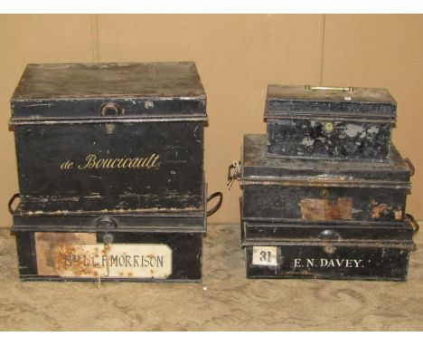 Four vintage japanned tin deed boxes together with a further japanned cash box (5) 