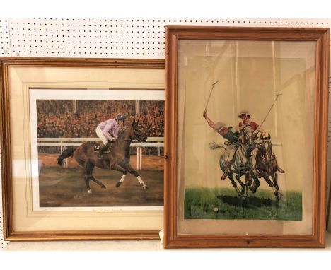 Two equestrian themed prints: After Francisque Rebour - Two polo players, print in colours, signed in pencil below, 42 x 58 c