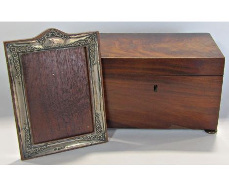 19th century mahogany tea caddy (af)and a silver mounted wooden photo frame. 