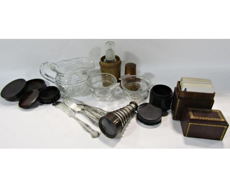 A maple wood screw top flask containing a glass spirit bottle with shot glass, a pocket concertina telescope, a leather two p