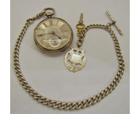 Keywound silver gents pocket watch with chased dial and silver Albert chain and fob, running, London 1874