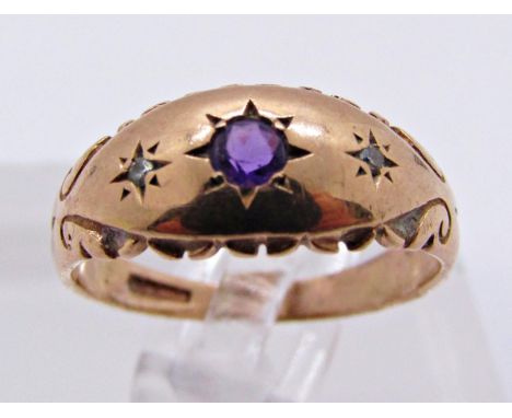 9ct amethyst and diamond gypsy ring, size J, 2.2g 