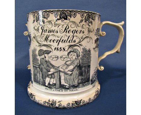 A large mid-19th century transfer print mug, with monochrome printed detail - James Rogers, Moorfields 1858, with humorous pa
