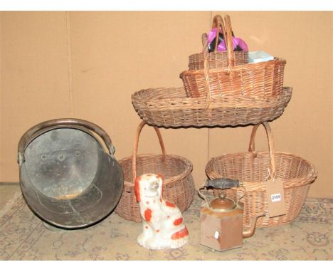 Five vintage wicker baskets of varying size and design, together with a Victorian Staffordshire spaniel, a pottery lattice ba