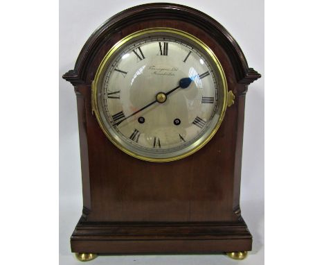 Edwardian mahogany mantel clock in the Georgian style with silvered dial and two train movement by Finnegan's Ltd, Manchester