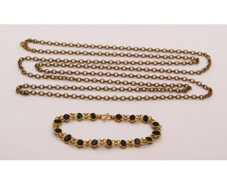 Yellow metal belcher link chain necklace, 27.3g and a yellow metal sapphire bracelet, 5.4g (2) 