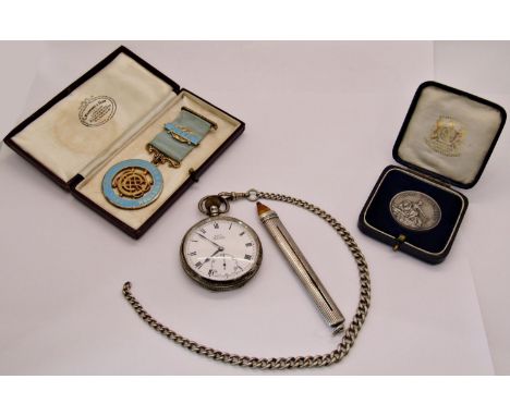 Gents silver pocket watch and silver chain, S Mordan silver pencil case, Masonic medallion, etc 