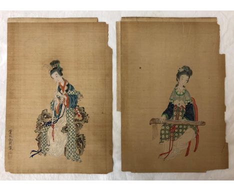 Two Chinese paintings of ladies playing instruments (late 19th/early 20th century), watercolour and bodycolour on silk on pap