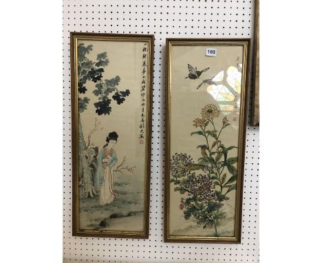 Two Chinese watercolour paintings: Woman in the woods, and Butterflies with Chrysanthemums, both watercolour on silk with cal