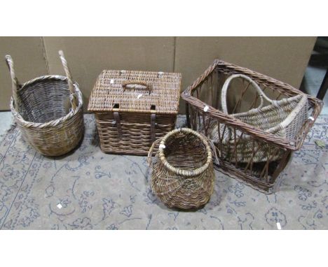 Five vintage wicker baskets of various size and design 