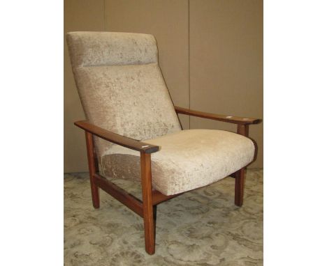 A vintage Parker Knoll teak framed open armchair with upholstered seat and back, model number N24/9 
