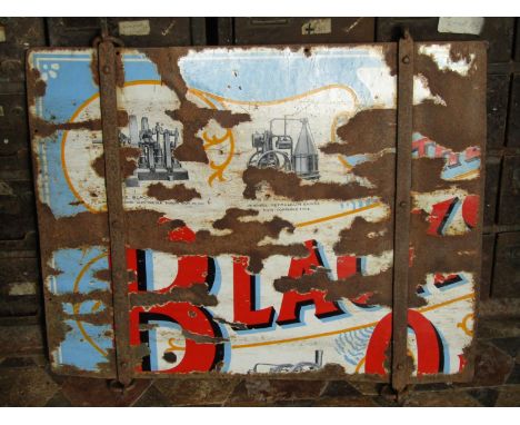 A vintage enamel sign advertising Blackstone engines (af) quarter section later adapted and used as a bin lid 77 cm wide x 62