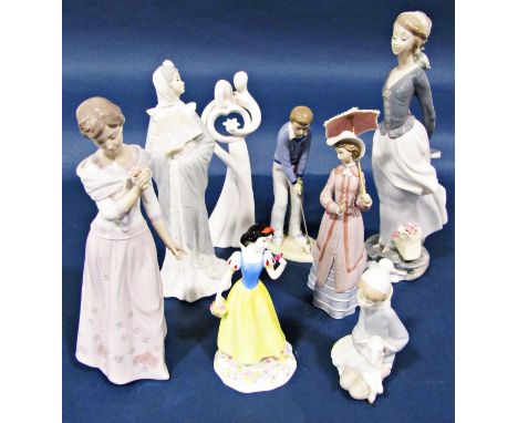 Three Lladro figures of elegant young ladies, further Nao figure, Royal Doulton figure, Snow White, etc (8) 
