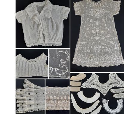 Collection of early 20th century women's garments and lace accessories including a lace/net shift dress, an open fronted over