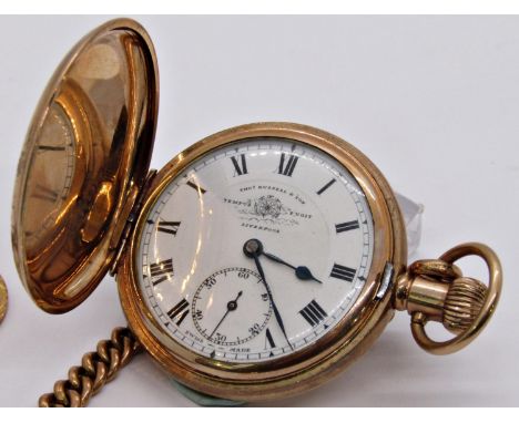 Gents gold plated hunter pocket watch, Thomas Russell &amp; Sons Liverpool, top wind, running, with 9ct gold Albert watch cha