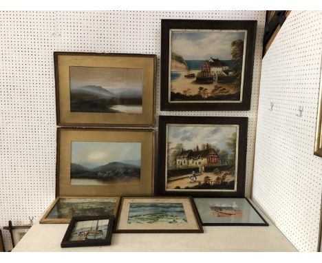 Seven paintings and a print to include: Frank Holme (1879-1930) two landscapes, gouache, both signed below, approx. 26 x 44 c