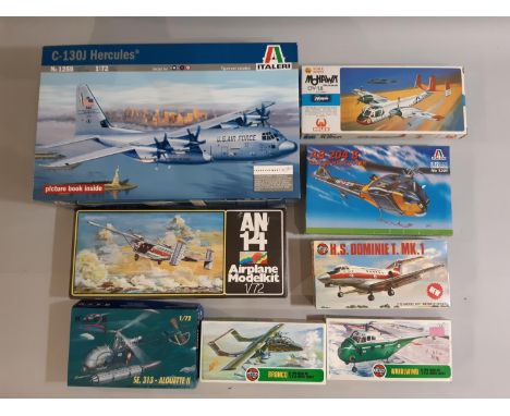 8 boxed 1:72 scale model aircraft kits including C-130J Hercules by Italeri, other kits by Plasticart, Hasegawa, Mach 3 and A