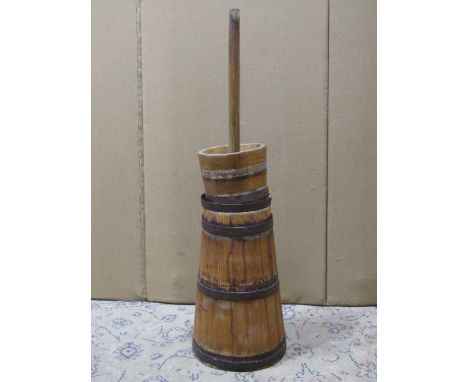 A vintage coopered pine and steel banded butter churn, complete with dasher 