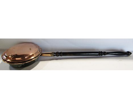 19th century copper bed warming pan and a brass jam preserving pan with a swing handle, and a print after Edwin Dolby of Notr
