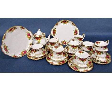 Royal Albert old Country Roses pattern tea service comprising teapot, two sandwich dishes, six trios, milk jug, sugar basin a