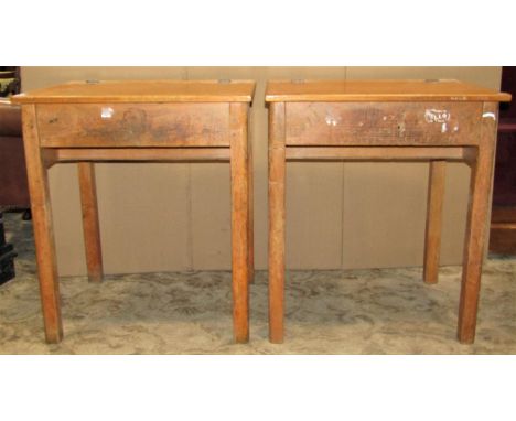 Two vintage beechwood school desks with hinged lids, 62 cm wide x 48 cm deep x 71 cm high (af) 