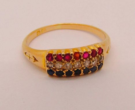 18ct ruby, diamond and sapphire triple row ring, size P, 2.7g 