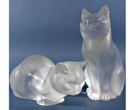 Two Lalique frosted glass cats “Assis et Couche “ with engraved signature Lalique R France to Assis, Couche signature rubbed.