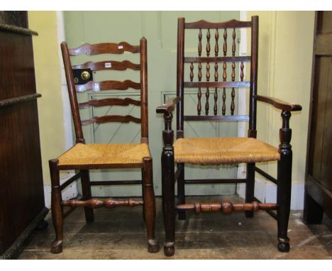A collection of Georgian ladder and spindle back countrymade chairs, mainly in ashwood, with rush seats, comprising three elb