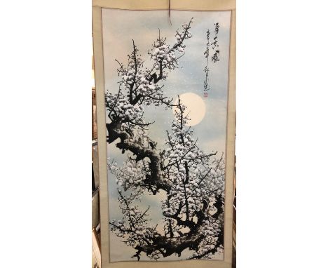 20th century Chinese hanging scroll with painting of snow blossom in winter scene, watercolour on paper, calligraphy and red 