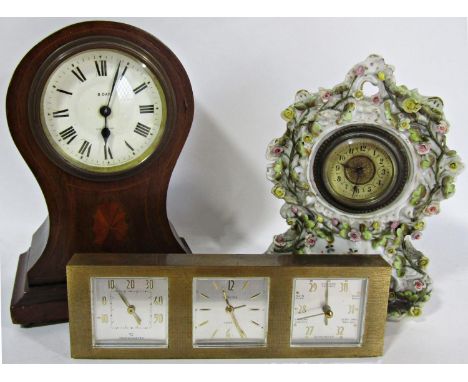 Edwardian mahogany mantel clock in a balloon shaped inlaid case, 19th century porcelain floral encrusted clock and three dial