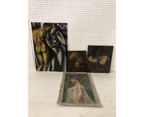 Four artworks to include: Two c.18th century oil paintings on board, largest: 30 x 35 cm; After Tamara de Lempicka (1898-1980