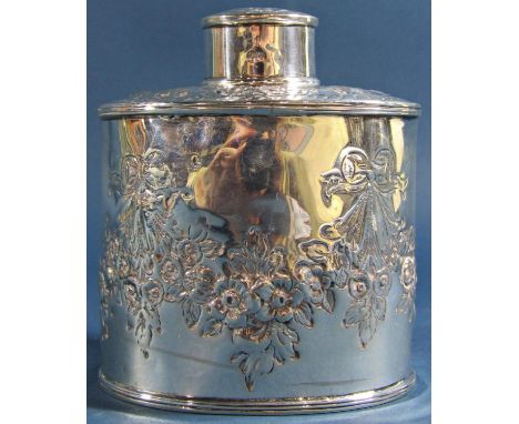 A late Victorian silver tea caddy with floral decoration, Birmingham 1892, maker Nathan and Hayes, 9cm diameter, 4.3oz approx