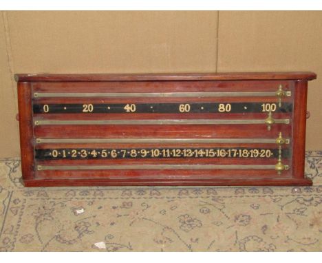 A vintage mahogany snooker scoreboard with brass fittings, 81 cm wide x 30 cm high 