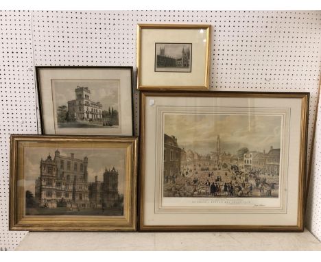 Four framed prints: Joseph Nash, View of the Wollaton Hall, with a gardener cleaning by a fountain in the right foreground, s