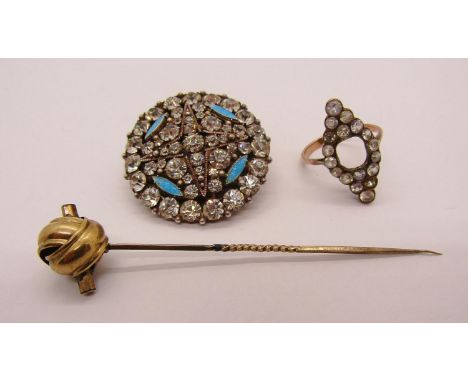 Group of antique jewellery comprising a yellow metal paste set marquise style ring (af), a further paste set circular brooch 