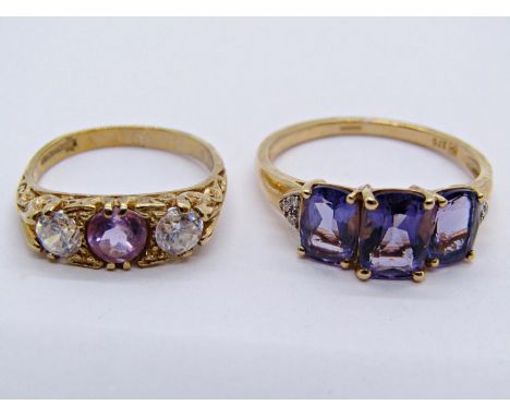 Two 9ct amethyst rings, one with diamond set shoulders, 5.9g total (2) 
