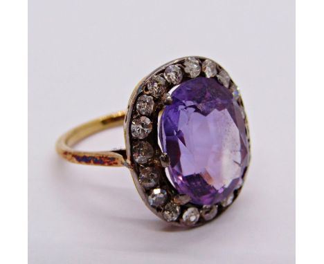 Antique yellow metal amethyst and diamond oval cluster ring, size L, 4.9g 