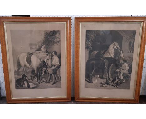 Two prints in birdseye maple frames: After J. F. Herring Senior - 'Feeding the Horse'; After R. Ansdell and W.P. Firth A.R.A,