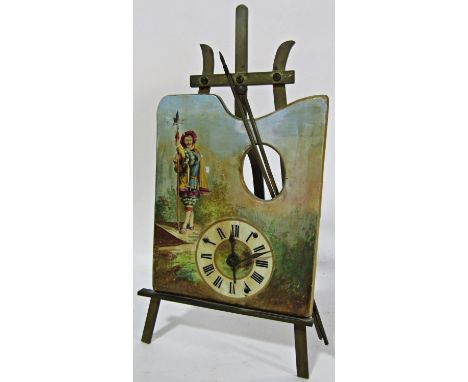 19th century continental easel clock in porcelain with painted detail upon a brass frame 