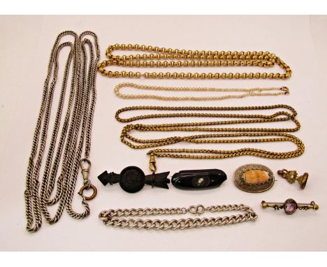 Collection of antique costume jewellery to include a silver curb link bracelet, white metal long guard chain, seal fob, etc 