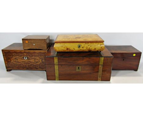 A Birdseye maple music box, from the Isle of Capri, 19th century mahogany brass bound writing slope (af) and a 19th century t