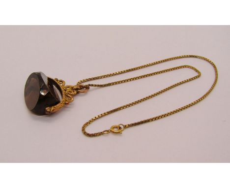 9ct hessonite swivel fob, maker 'J.T.J', Birmingham 1901, with associated 9ct box link chain necklace, 15.6g 