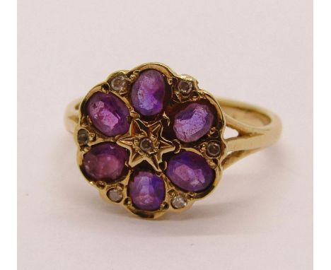 9ct amethyst and diamond daisy cluster ring, size O, 2.5g 