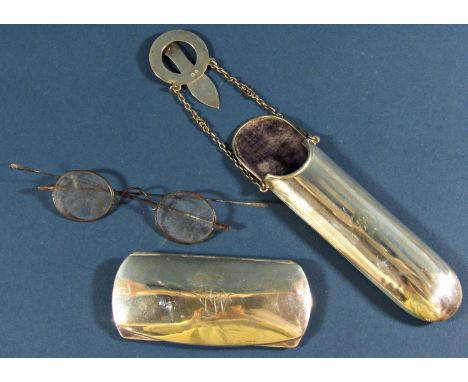 A silver chatelain spectacle case with chain and belt hook, Chester 1911, maker Adie &amp; Lovekin Ltd, together with a pair 